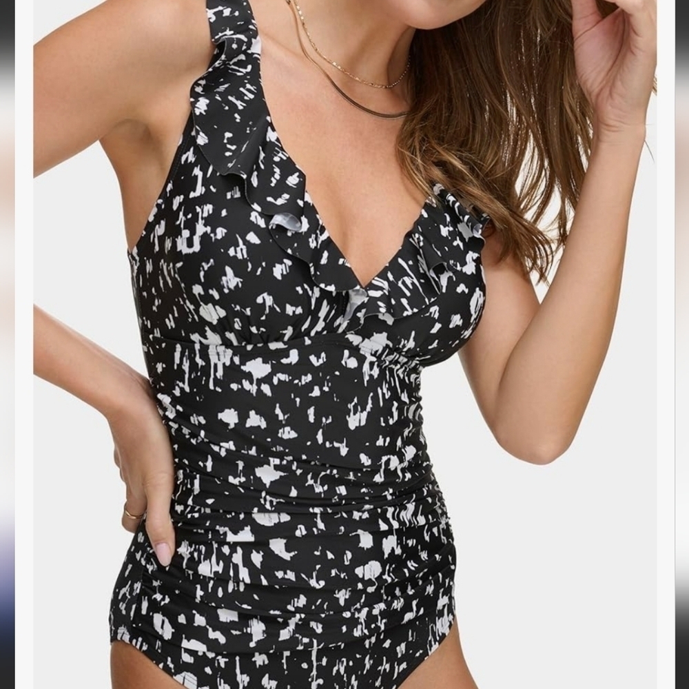 DKNY Women's Black Ruffled V- Neck One-piece Swimsuit Size Medium - Picture 14 of 14